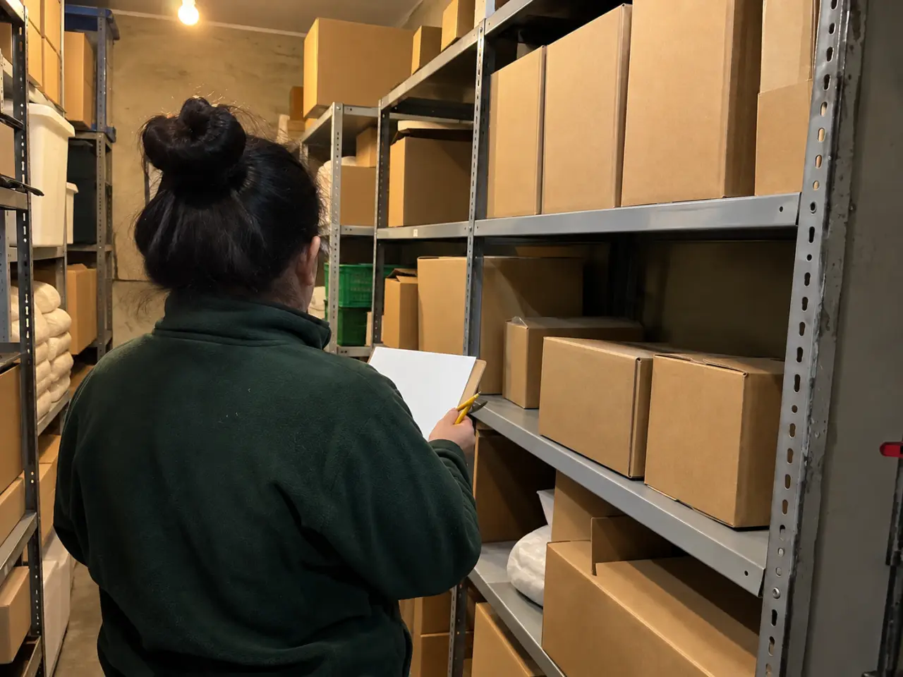 Mujer de espaldas con un portapapeles contando cajas en una bodega con estantes metálicos