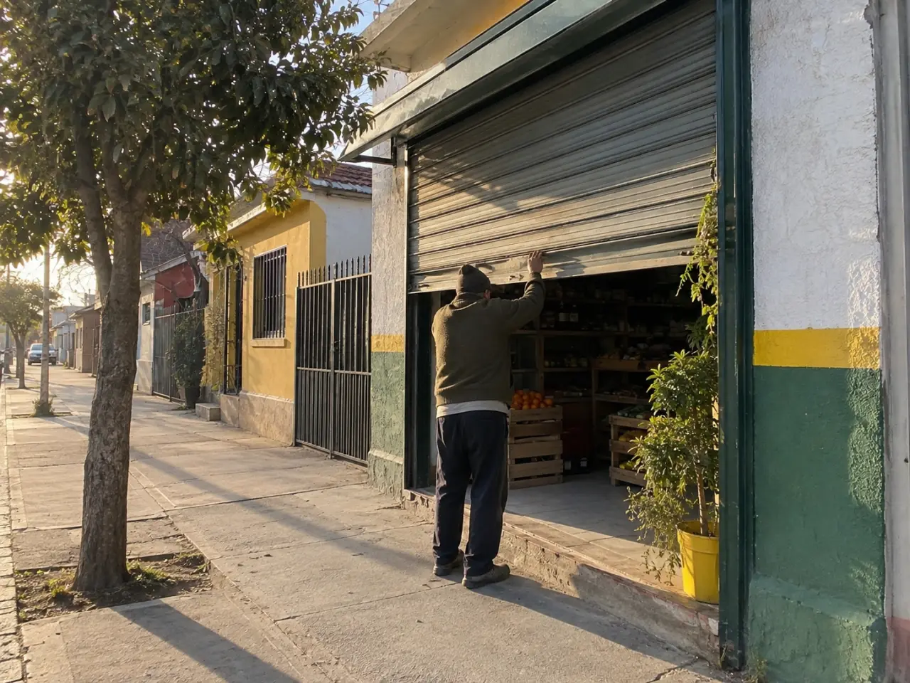 Hombre de espaldas subiendo la cortina metálica de un almacén de barrio en la mañana