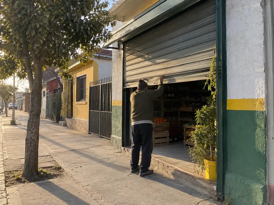 Hombre de espaldas subiendo la cortina metálica de un almacén de barrio en la mañana