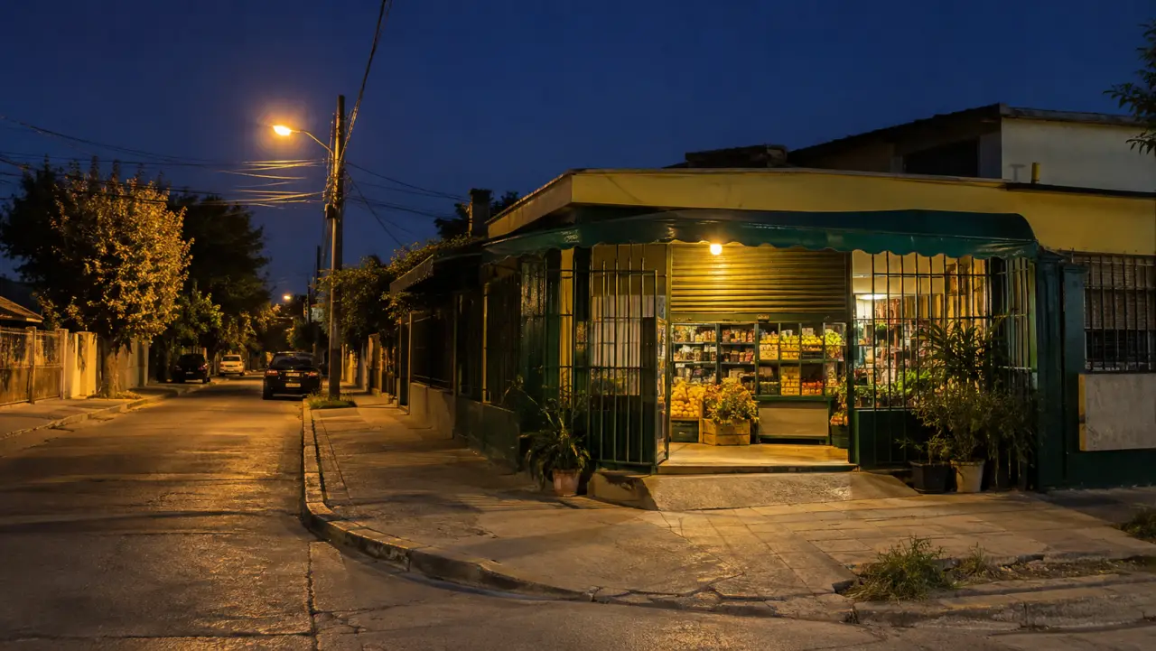 Almacén de esquina iluminado de noche, con reja verde, toldo y un farol encendido