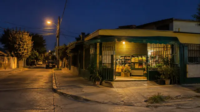 Almacén de esquina iluminado de noche, con reja verde, toldo y un farol encendido