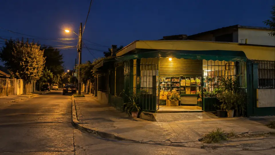 Almacén de esquina iluminado de noche, con reja verde, toldo y un farol encendido