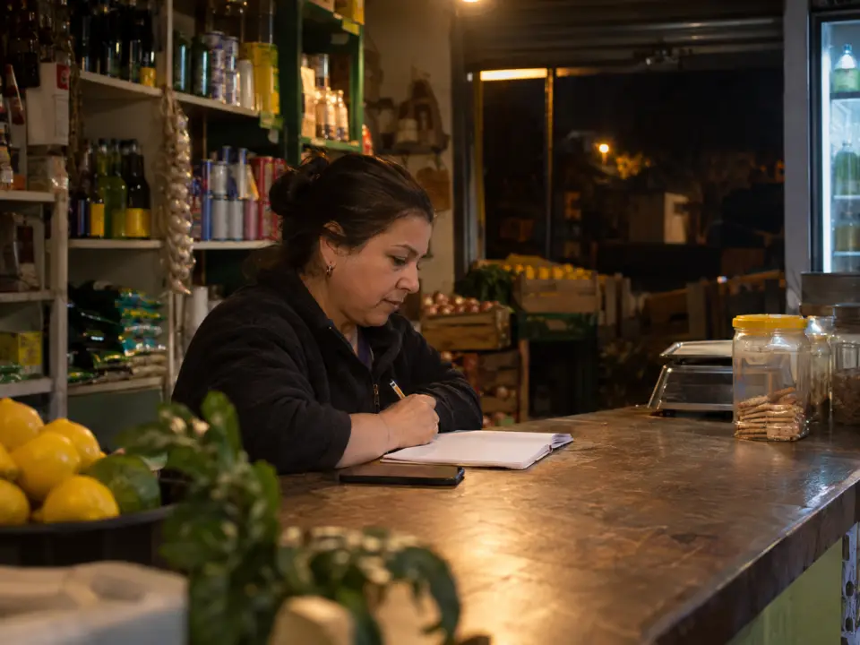 Almacenera escribiendo en un cuaderno de noche sobre el mesón del local ya cerrado