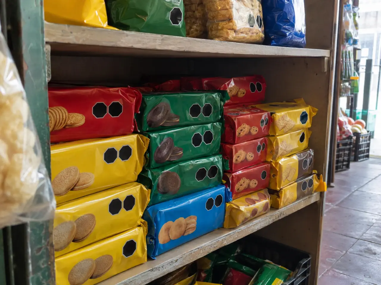 Estante de madera con paquetes de galletas genéricos que llevan octágonos negros lisos