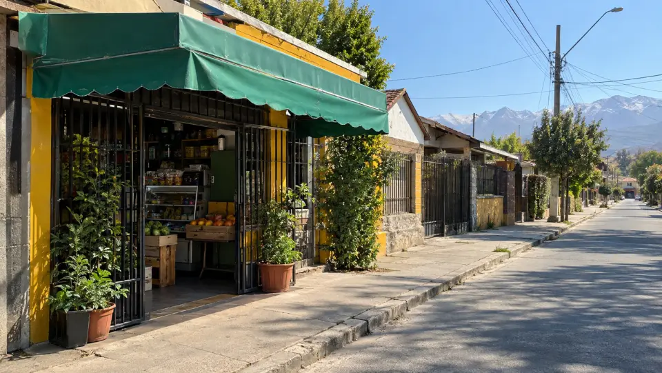 Fachada de un almacén de barrio con toldo verde y la reja abierta en una mañana de sol