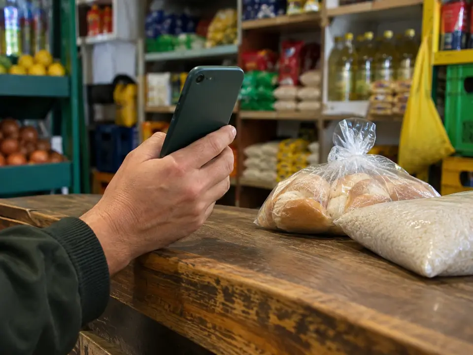 Mano sosteniendo un celular sobre el mesón del almacén, junto a una bolsa de pan y otra de arroz