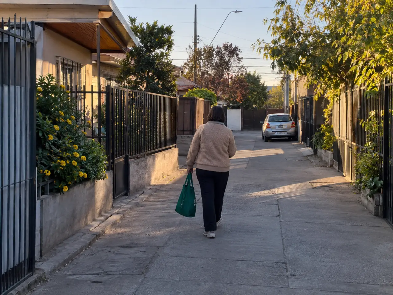 Persona de espaldas con una bolsa de compras caminando por un pasaje residencial